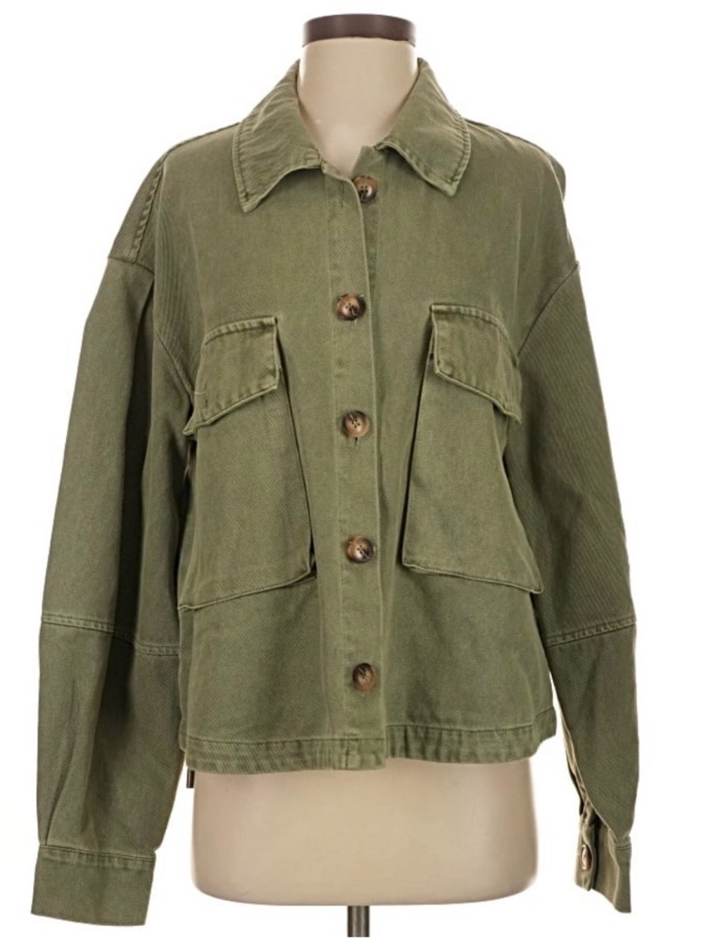 Pilcro Olive Utility Oversized Cropped Cotton Shirt Jacket